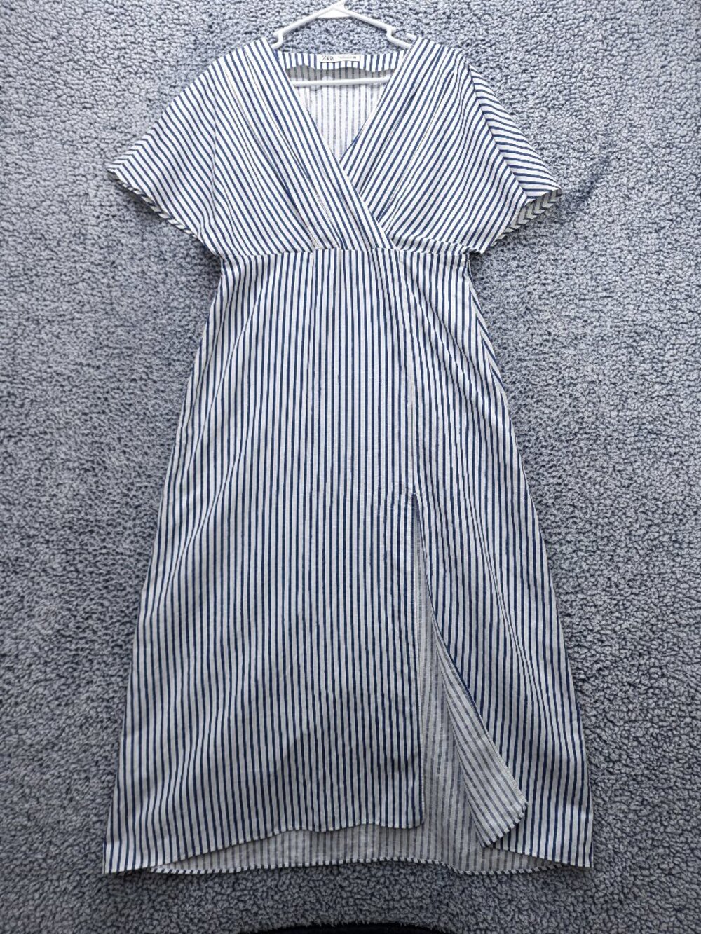 Zara Linen Cotton Midi Dress Size Large Boho Striped Beachy Preppy V Neck Blue